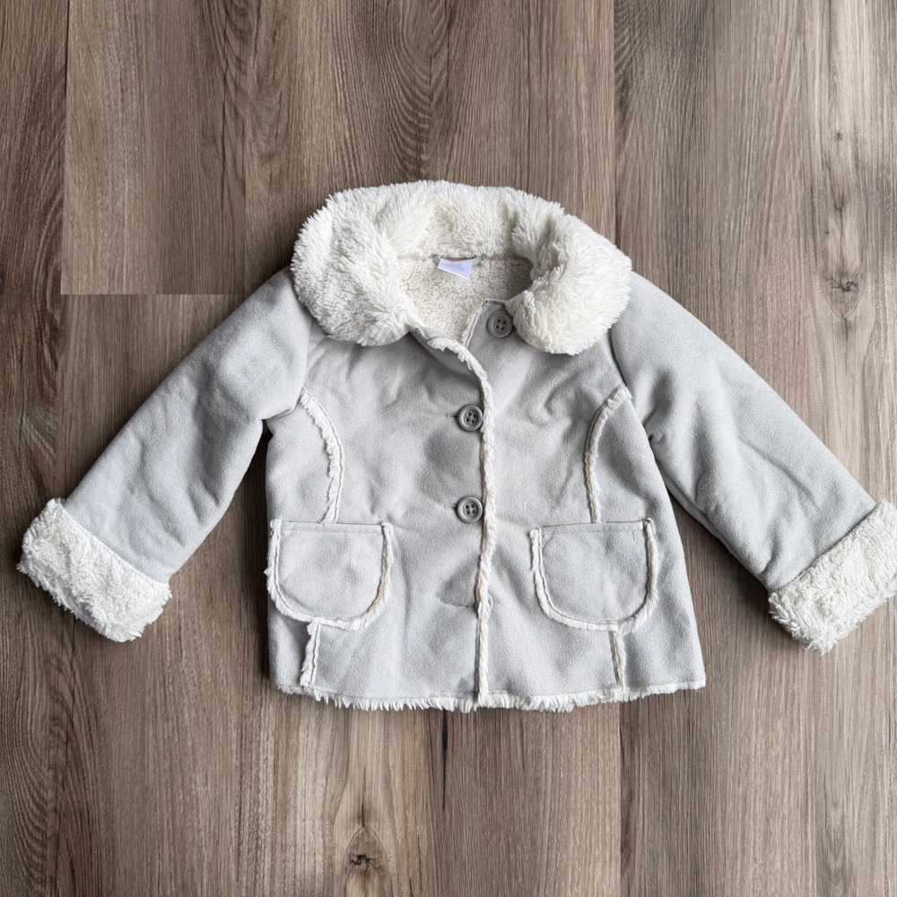 Gymboree Y2K Faux Suede Sherpa Lined Jacket Grey Faux Fur Coat Penny Lane 2T-3T